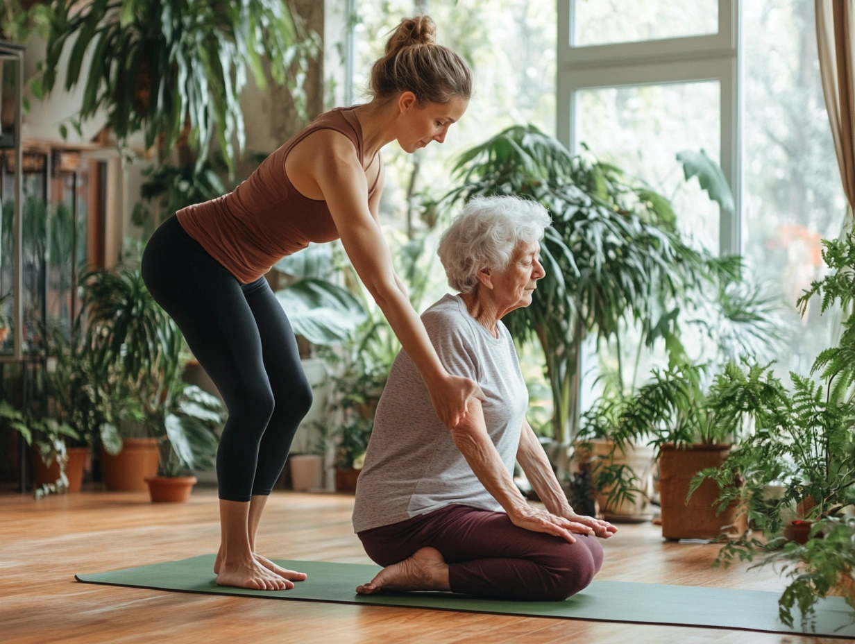 Інструктор йоги допомагає літній жінці виконувати асану