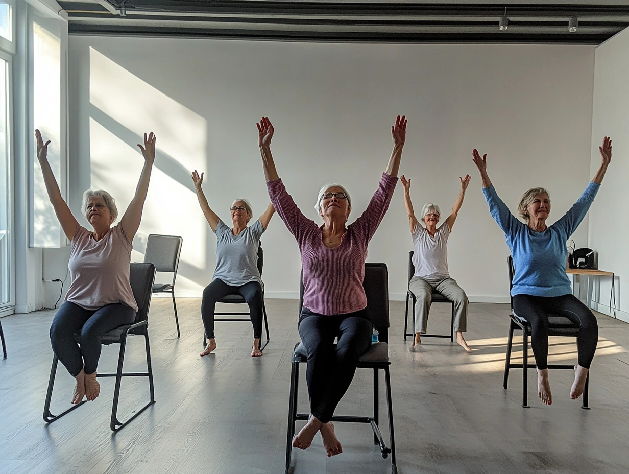 Групова практика йоги на стільцях для пенсіонерів